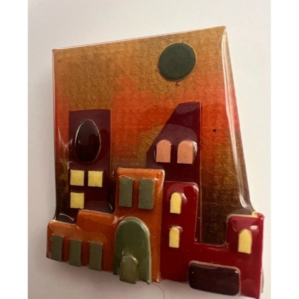 Lucinda House Pin Brooch Town Scene Resin Pueblo Casas Vintage Cityscape Artisan
